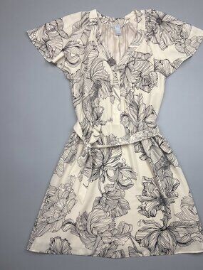 H&M Cream Black Graphic Floral Sketch V-Neck Belted Tunic Dress-Size XS 
